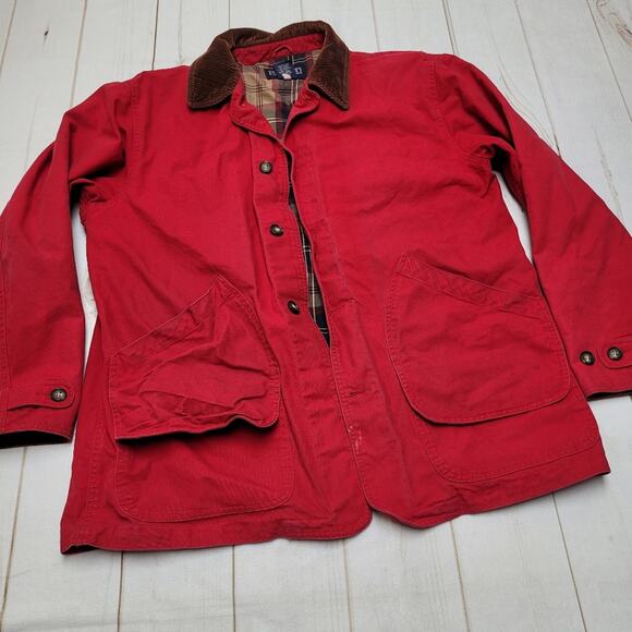 Vintage Lands End red canvas chore field barn coat plaid lined tall - Picture 1 of 11
